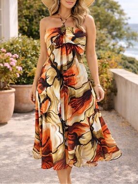 Belinda Coastal Flowy Resort Style Warm Tone Midi Dress | Size L